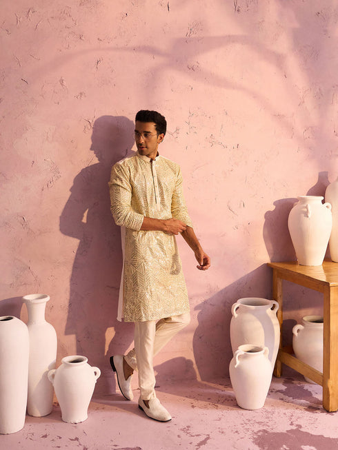 SHRESTHA BY VASTRAMAY Men's Cream Georgette Embellished Kurta Pant Set